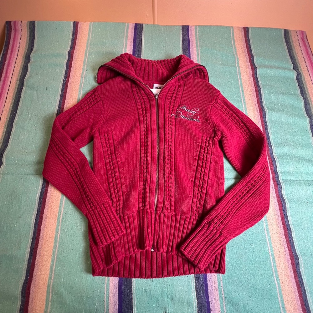 Harley-Davidson Sweater Womens Medium Pink Full Zip Cable Knit Hooded Cardigan